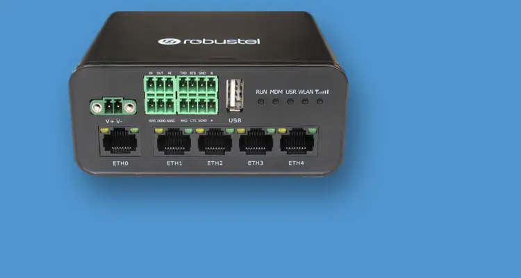 Image of the front panel of the new Robustel industrial-plus 4 port wireless router
