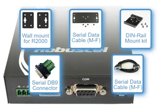 Imgae showing optional interface and mounting accessories for Robustel Router Starter Kits